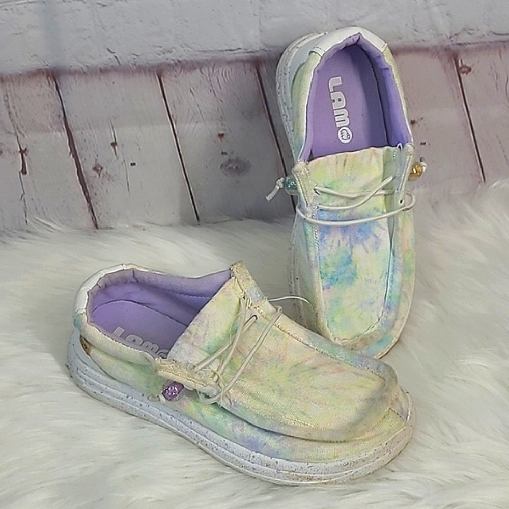 Lamb Youth Rainbow Pastel Tie-Dye Slip On Loafer Lightweight Shoes Size 2Y